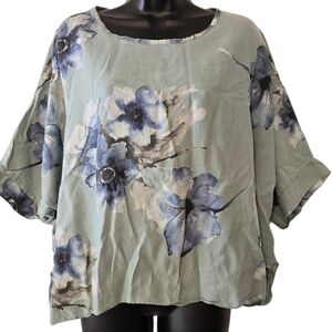 Nina Kendosa Paris Chic Floral Linen Women's Blouse Sage Green Blue Foral Design